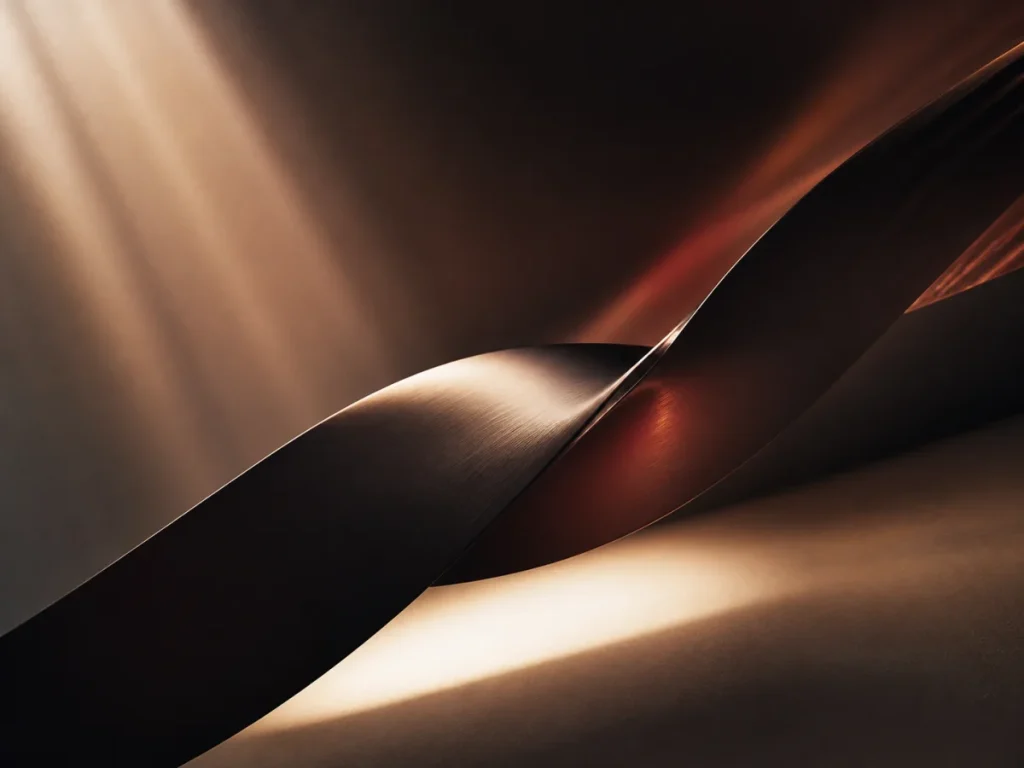 Dark sculptural ribbon cutting through warm cinematic light
