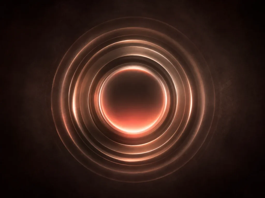 Luminous coral sonic ident formed by concentric glass rings