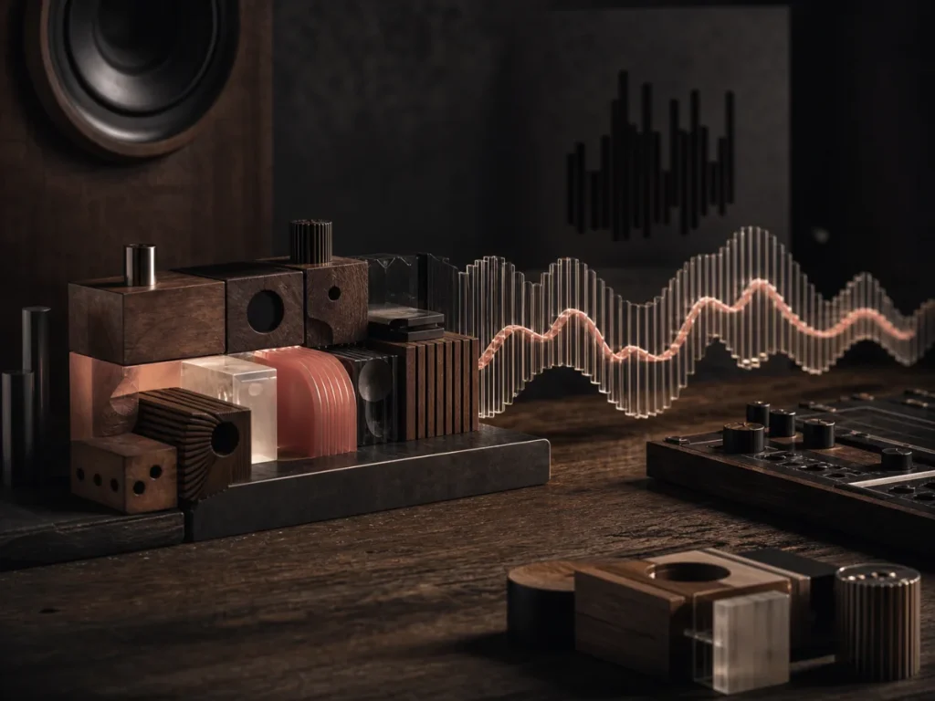 Bespoke modular sound blocks around a flowing waveform