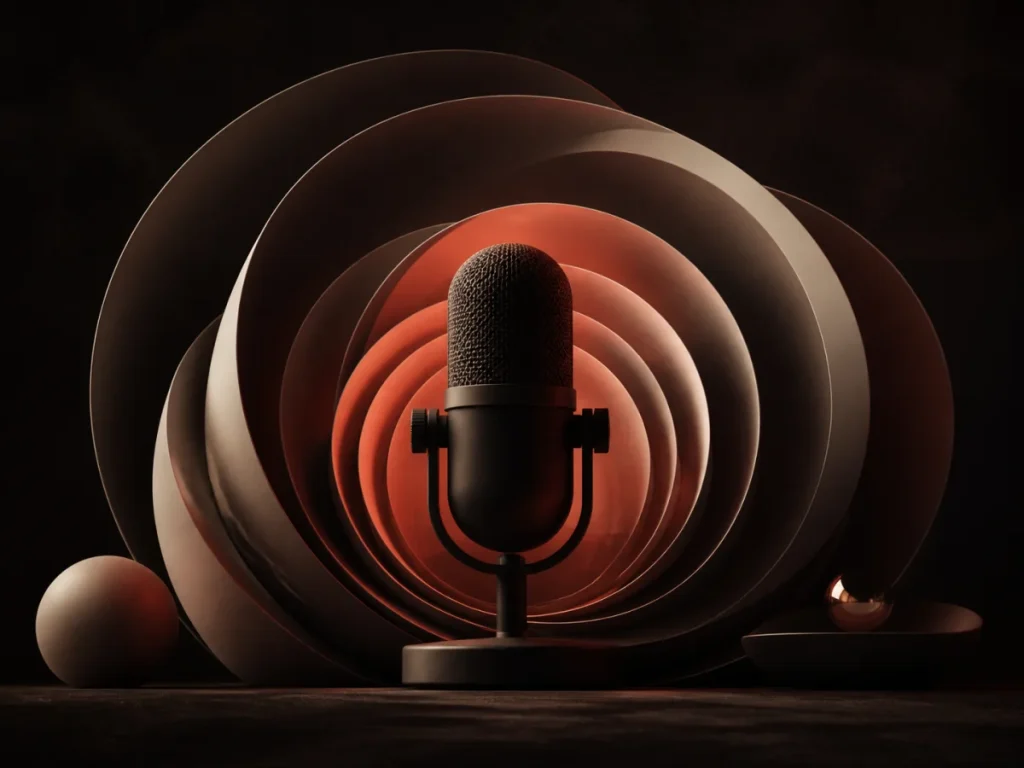 Sculptural microphone surrounded by warm concentric sound waves