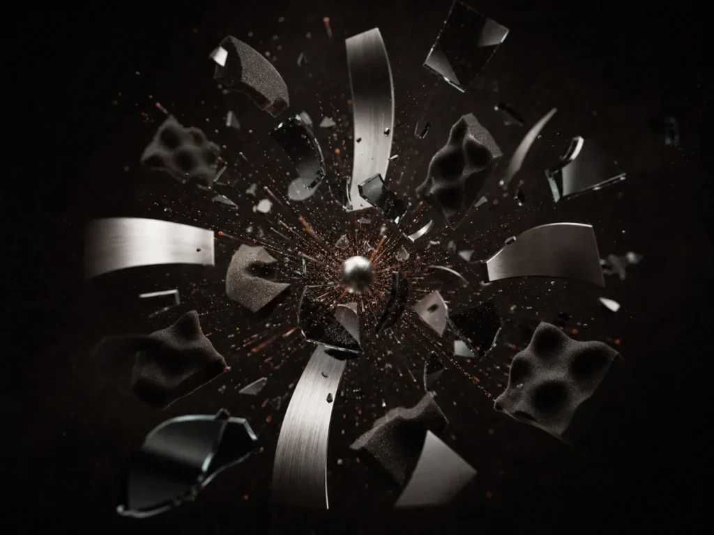 Controlled sonic impact made from suspended metal and glass fragments